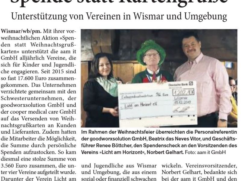 Zeitungsartikel aus dem 'Wismarer Blitz am Sonntag"' vom  31.12.2017